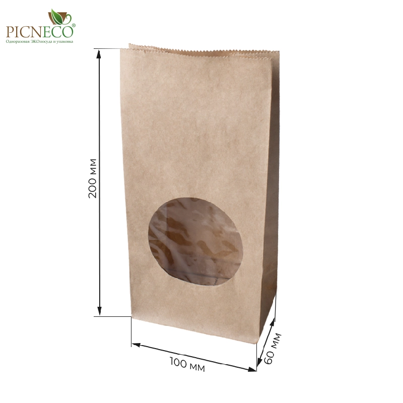 товар Крафт пакет с окном 70 мм, ламинированный, прямоугольное дно, 100*60*200 мм KPRL010